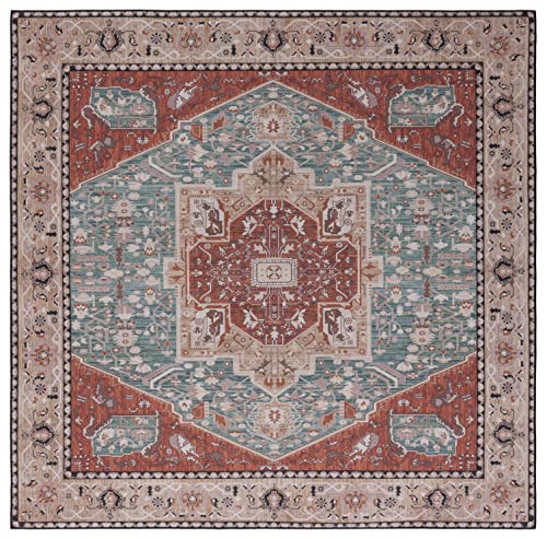 SAFAVIEH Tucson Collection Area Rug - 8' Square, Aqua & Rust, Traditional Persian Design, Non-Shedding Machine Washable & Slip Resistant Ideal for High Traffic Areas in Living Room, Bedroom (TSN150J)