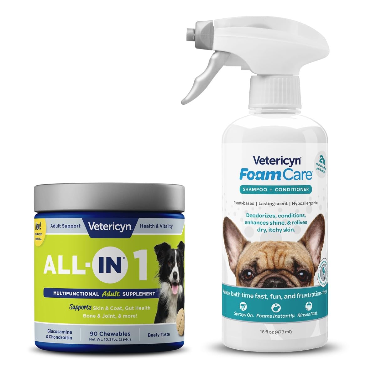 Vetericyn All-in 1 Multifunctional Dog Supplement and FoamCare Spray-On Plant-Based Dog Shampoo and Conditioner