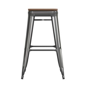 BizChair Commercial Grade Indoor-Outdoor Bar Height Stool - Black Metal Frame - Teak Poly Resin Seat - 30" High - Backless