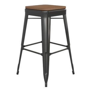 BizChair Commercial Grade Indoor-Outdoor Bar Height Stool - Black Metal Frame - Teak Poly Resin Seat - 30" High - Backless