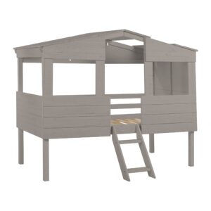 naomi home susie full size house bed for kids - cabana style solid pine wood bed with front windows & roof, full size loft bed for kids with guard rails, perfect for girls/boys, light gray