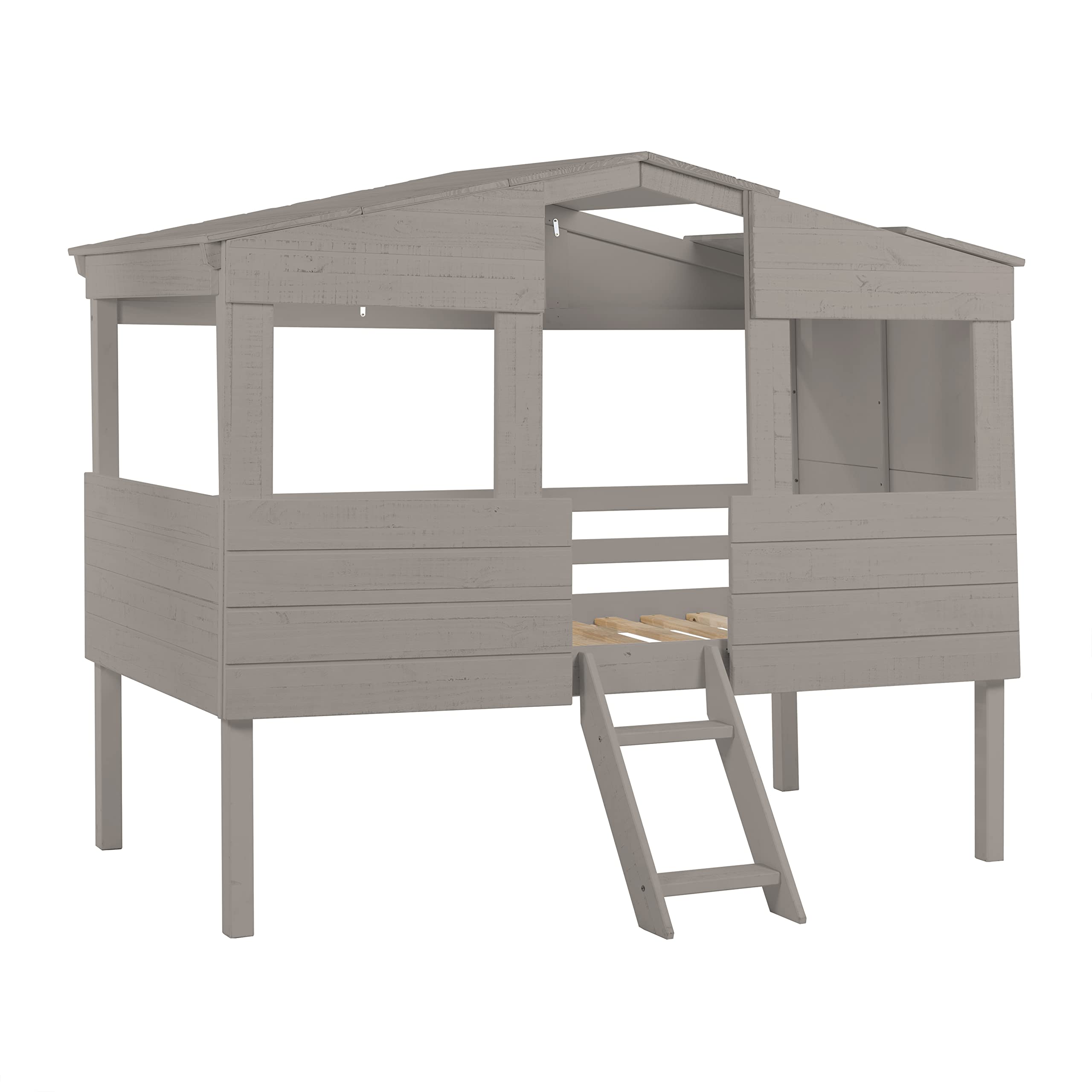 Naomi Home Susie Full Size House Bed for Kids - Cabana Style Solid Pine Wood Bed with Front Windows & Roof, Full Size Loft Bed for Kids with Guard Rails, Perfect for Girls/Boys, Light Gray