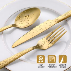 Hammered Gold Silverware Set, OGORI 30-Piece Food Grade Stainless Steel Matte Gold Flatware Set with Square Handle, Service for 6, Tableware Cutlery Set for Home and Restaurant, Dishwasher Safe