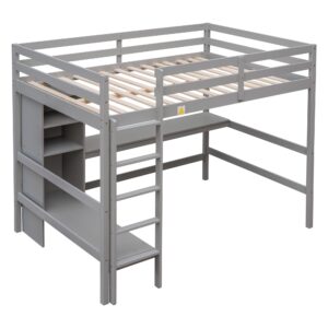 Harper & Bright Designs Full Loft Bed with Desk and Storage Shelves, Wood Full Size Loft Bed with Desk Underneath, High Loft Bed Full with Slat Support for Kids, Boys,Girls,Teens, Grey