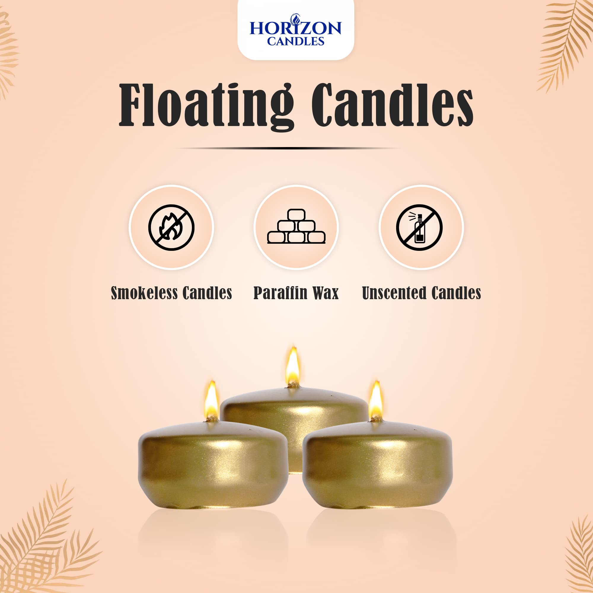 Horizon - Unscented 24 Piece Floating Candles for Parties | 2" Dripless and Smokeless Floating Candles with 5 Hours Burning Time for Centerpieces at Wedding, Pool, Home Decor | Metallic Gold