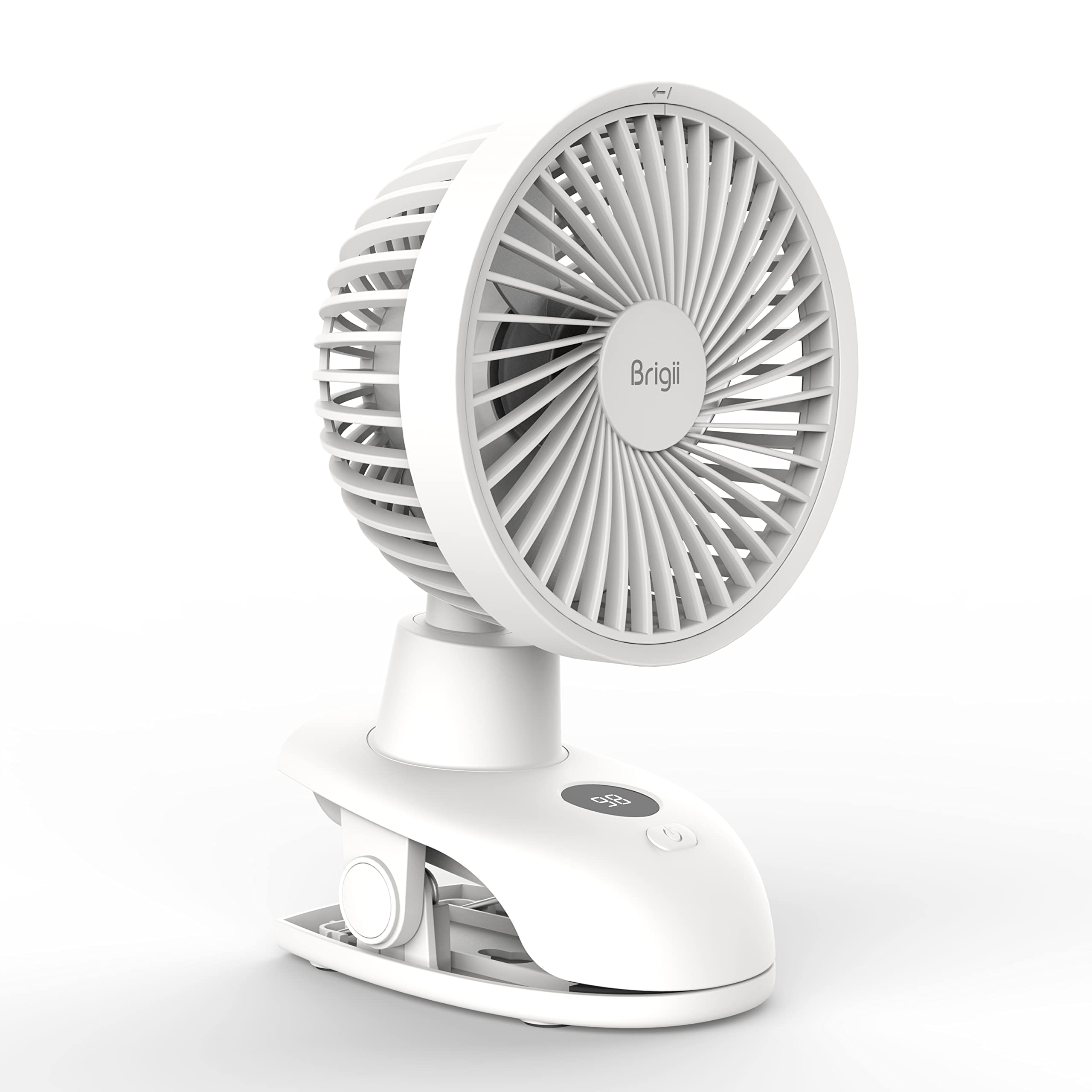 Brigii Desk&Clip Fan, Small Fan 14H Long Battery Life, Battery Level Display, 5 INCH Travel Fan, 4-Speed, Type-C Rechargeable-PF01(White)