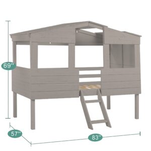 Naomi Home Susie Full Size House Bed for Kids - Cabana Style Solid Pine Wood Bed with Front Windows & Roof, Full Size Loft Bed for Kids with Guard Rails, Perfect for Girls/Boys, Light Gray