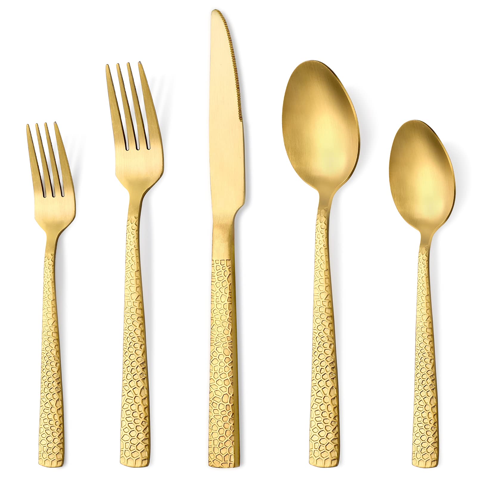 Hammered Gold Silverware Set, OGORI 30-Piece Food Grade Stainless Steel Matte Gold Flatware Set with Square Handle, Service for 6, Tableware Cutlery Set for Home and Restaurant, Dishwasher Safe