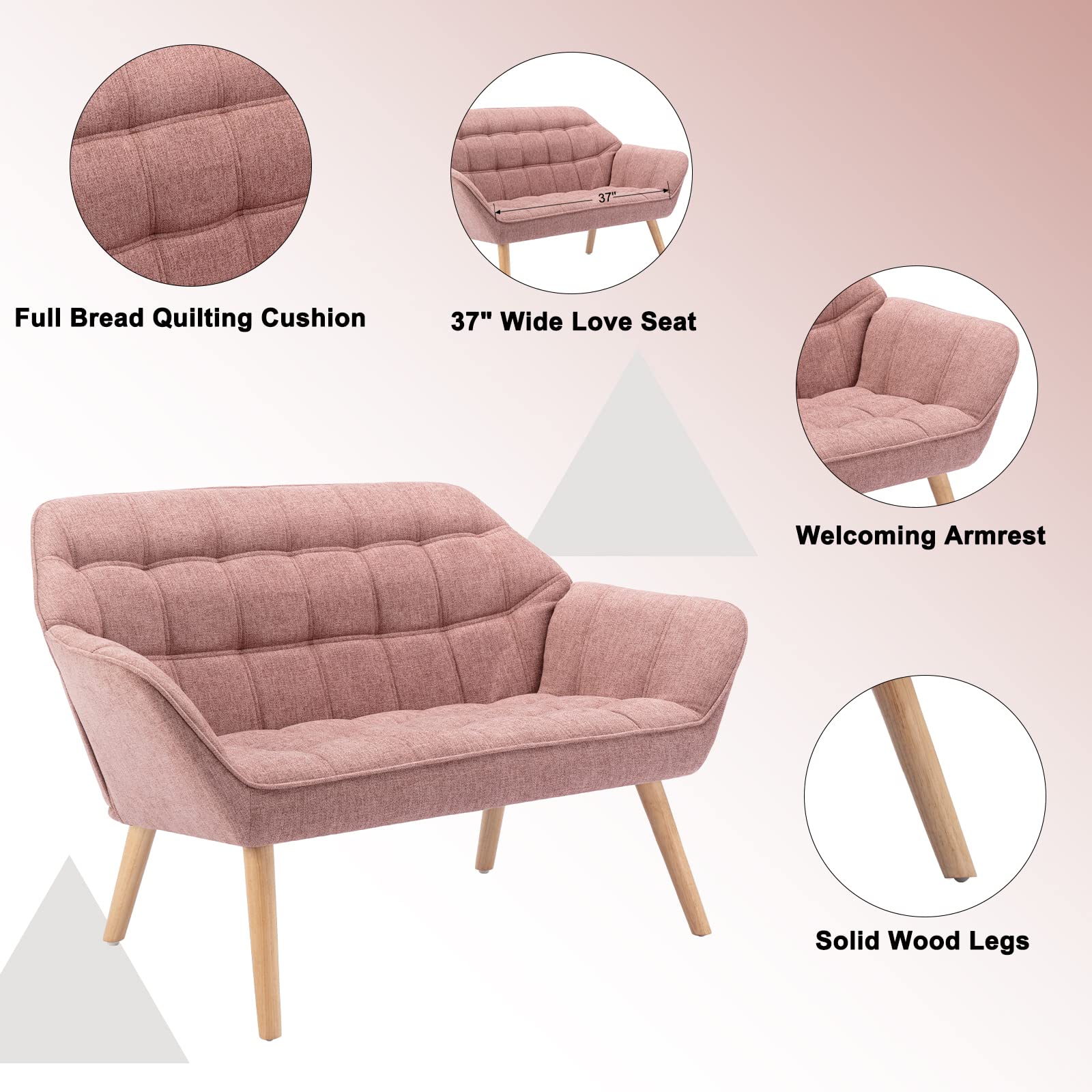 ZSARTS 48 inch Small Loveseat for Small Spaces, Upholstered High Wingback Chair Modern Linen Mini Sofa Couch 2-Seat Armchair with Wood Legs for Bedroom Living Room, Pink