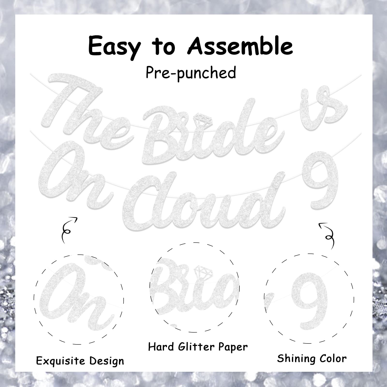 Bride On Cloud 9 Decorations - On Cloud 9 Banner Silver, Bachelorette Party Decor Glitter Banner for Engagement Wedding Decorations