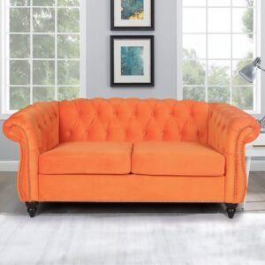 rarzoe traditional chesterfield loveseat sofa, modern vintage chesterfield button tufted velvet couch with nailhead trim scrolled arms for living room bedroom office(orange)