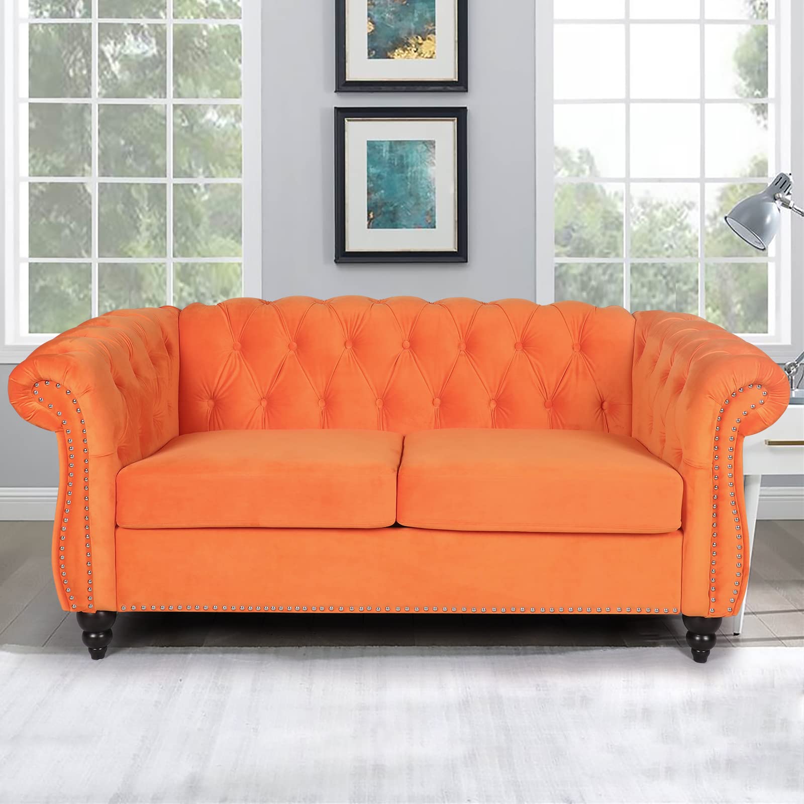 RARZOE Traditional Chesterfield Loveseat Sofa, Modern Vintage Chesterfield Button Tufted Velvet Couch with Nailhead Trim Scrolled Arms for Living Room Bedroom Office(Orange)