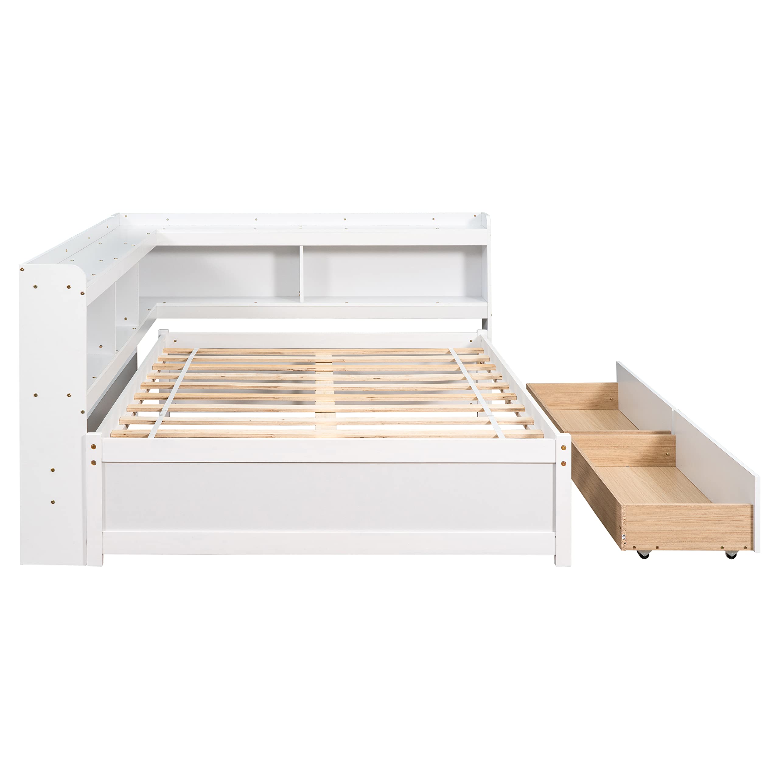 JIVOIT Full Size Captain Platform Bed with L-Shaped Bookcases and Two Storage Drawers, Solid Wood Platform Bed Frame with Wood Slats Support for Kids Teens Adults