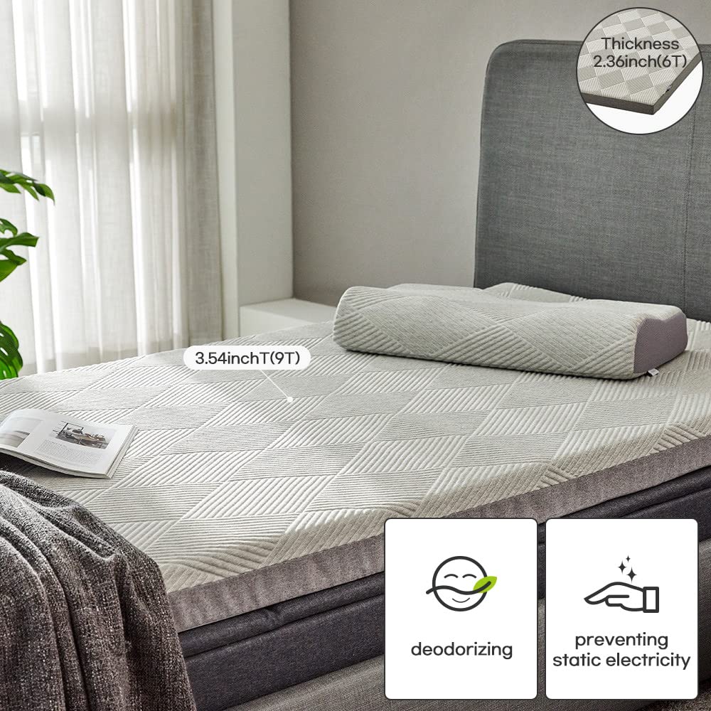 EVEZARY(KOR) Top Notch Memory Foam Mattress Topper–Relieve Back Pain,ergonomic,breathable,odor-free foam.Non-slip,rollable,washable cover. Compr test. CertiPUR-US certified for quality and durability.