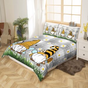 Erosebridal Funny Gnome Duvet Cover Queen Spring Bee Gnome Sunflower Bedding Set for Girls Teens White Daisy Floral On Grey White Checked Comforter Cover Honeycomb Grass Room Decor Quilt Cover