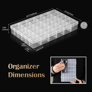 QUEFE 3 Pack 36 Grids Clear Plastic Organizer Storage Box Container, Craft Storage with Adjustable Dividers for Beads, Art DIY, Crafts, Jewelry, Fishing Tackle with Label Stickers