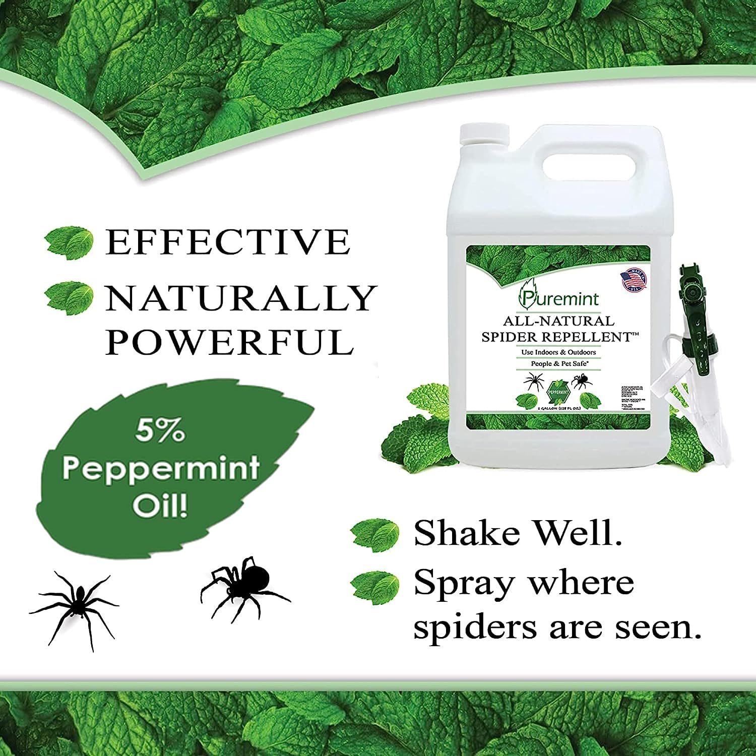 Puremint Spider Repellent, Natural 5% Peppermint Oil Spray, Kills & Deters All Types of Spiders and Insects, Indoor and Outdoor Use, 128 fl oz Gallon