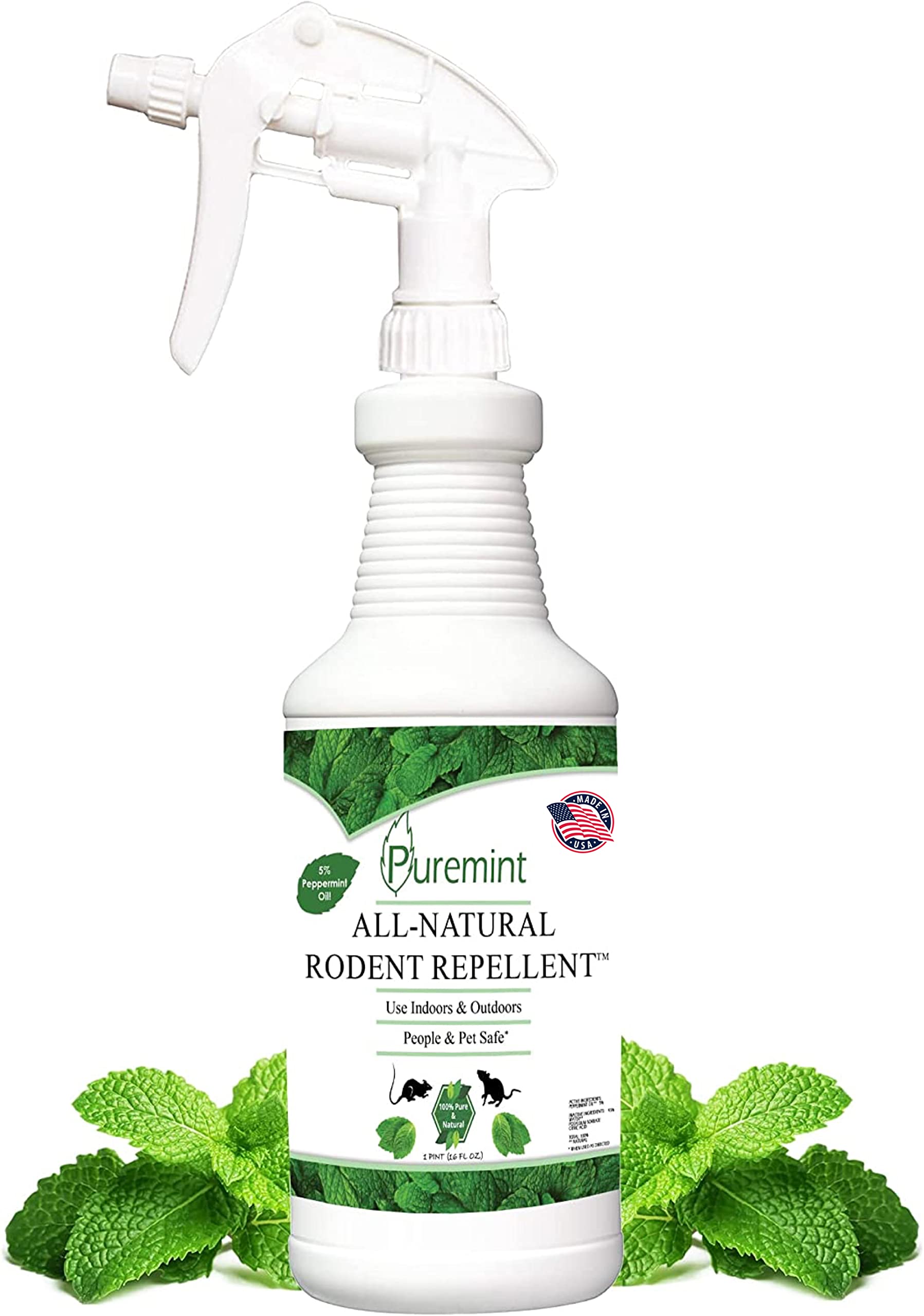 Puremint Rodent Repellent, Natural 5% Peppermint Oil Spray for Mice, Rats, Chipmunks and Rodents, Indoor and Outdoor, House and Car Engine Use, 16 fl oz Pint