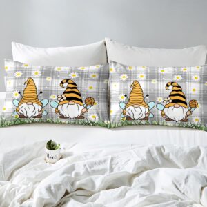 Erosebridal Funny Gnome Duvet Cover Queen Spring Bee Gnome Sunflower Bedding Set for Girls Teens White Daisy Floral On Grey White Checked Comforter Cover Honeycomb Grass Room Decor Quilt Cover