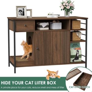 Lovinouse 6 in 1 Cat Litter Box Enclosure Furniture with Litter Catcher, Wooden Cat Washroom with Drawer and Shelves, Hidden Litter Box Cat Cabinet, Side Table for Living Room, Bedroom