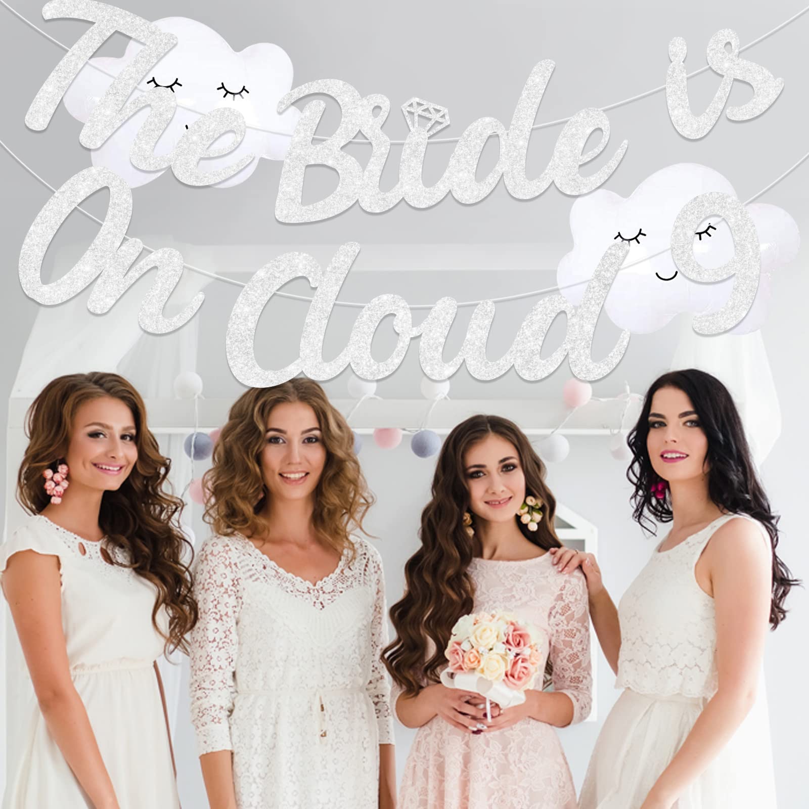 Bride On Cloud 9 Decorations - On Cloud 9 Banner Silver, Bachelorette Party Decor Glitter Banner for Engagement Wedding Decorations