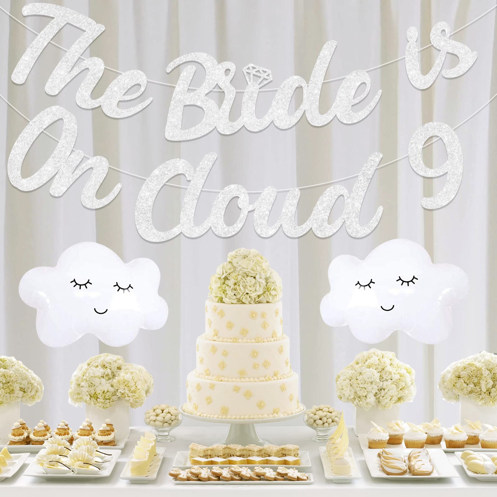 Bride On Cloud 9 Decorations - On Cloud 9 Banner Silver, Bachelorette Party Decor Glitter Banner for Engagement Wedding Decorations