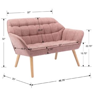 ZSARTS 48 inch Small Loveseat for Small Spaces, Upholstered High Wingback Chair Modern Linen Mini Sofa Couch 2-Seat Armchair with Wood Legs for Bedroom Living Room, Pink