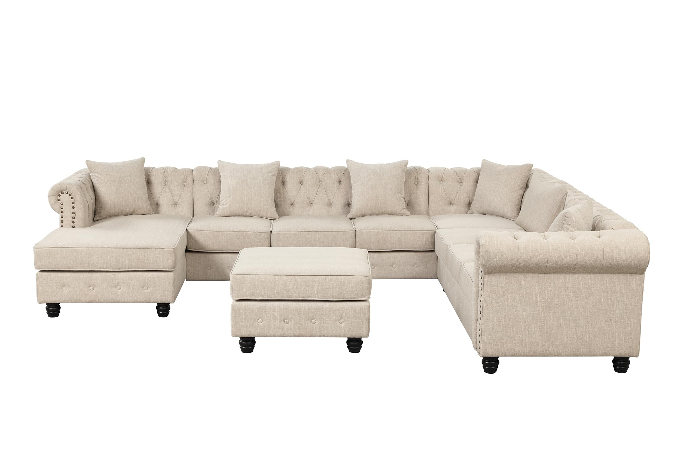 Morden Fort Chesterfield Modular Convertible Sectional U-Shape Polyester Fabric Sofa with Chaise Accent Tufted Couch for Living Room Furniture Set