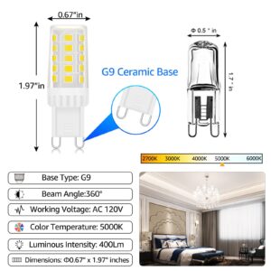 Energetic G9 LED Bulb Non-Dimmable, 40W T4 G9 Halogen Equivalent, 400LM G9 LED Bulb Daylight 5000K, G9 Loop Pin Base LED Bulbs for Chandelier Lighting, ETL Listed, 6 Pack