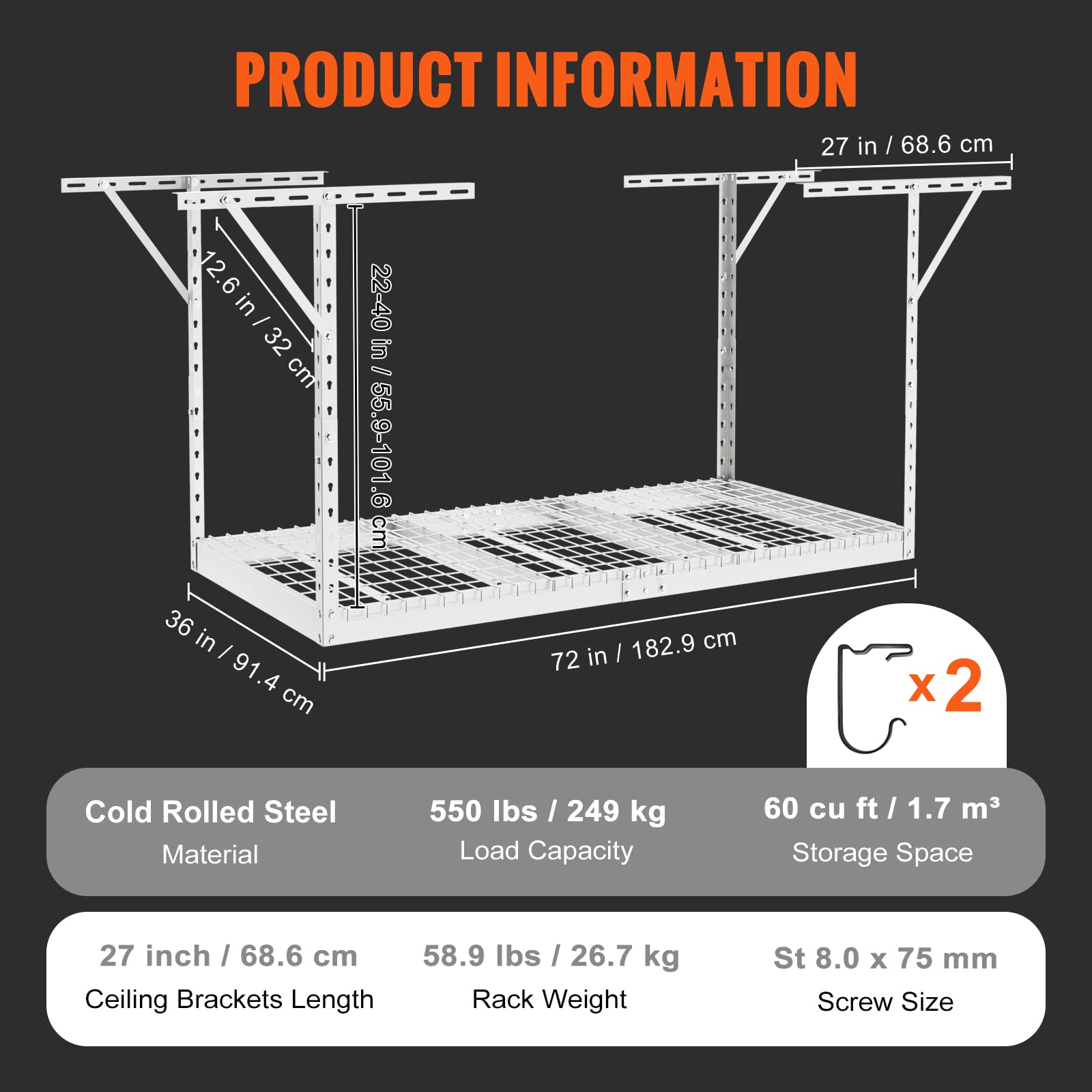 VEVOR Overhead Garage Storage Rack, 3x6 Garage Ceiling Storage Racks, Heavy Duty Adjustable Cold Rolled Steel Racks for Garage Storage, Organization, 550 lbs Load Capacity, 22''-40"