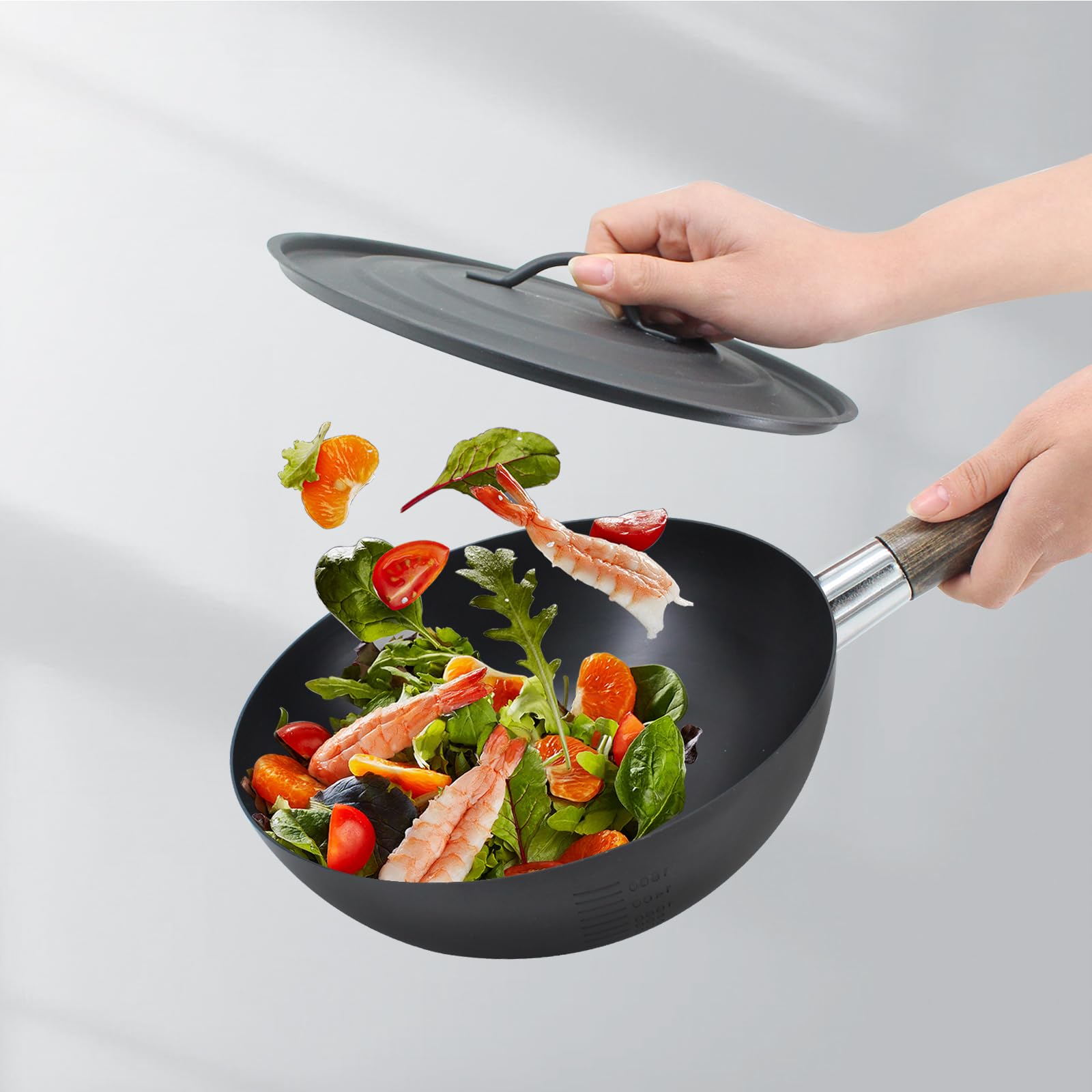 POLARBEAR Non-Stick Cast Iron Wok Small Wok Pan with Iron Lid Wooden Handle Suitable for All Stoves, 9" Mini Wok