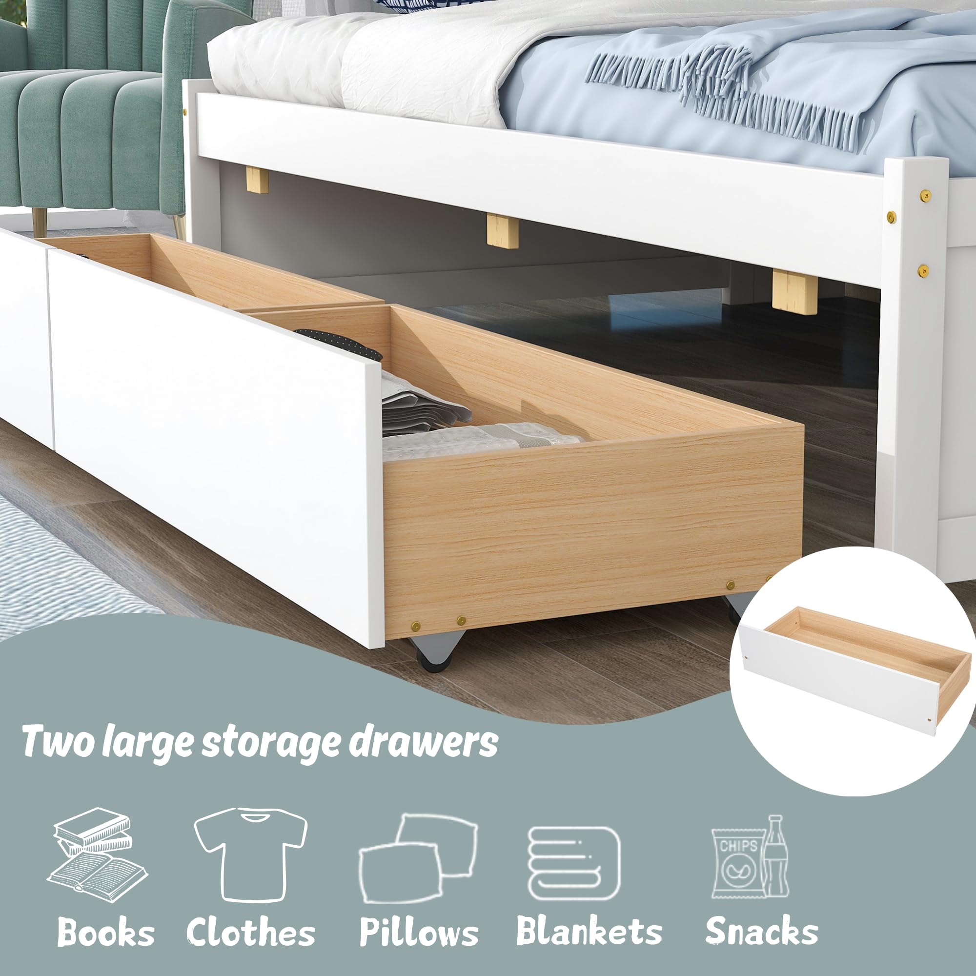 Twin Bed with Storage Bookcase and Drawers Wood Platform Bed with Sideboard Twin Size Daybed Frame for Youths Teens Boys Girls Kids, White