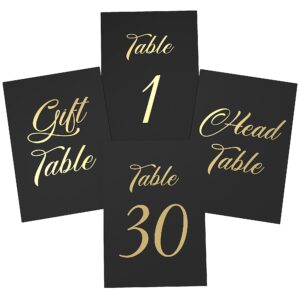 Black Wedding Table Numbers 1-30 with Gold Foil Letters - Table Number Cards 4x6 with Head & Gift Table - Wedding Numbers for Tables Card Stock Wedding Table Numbers for Tables - Wedding Reception