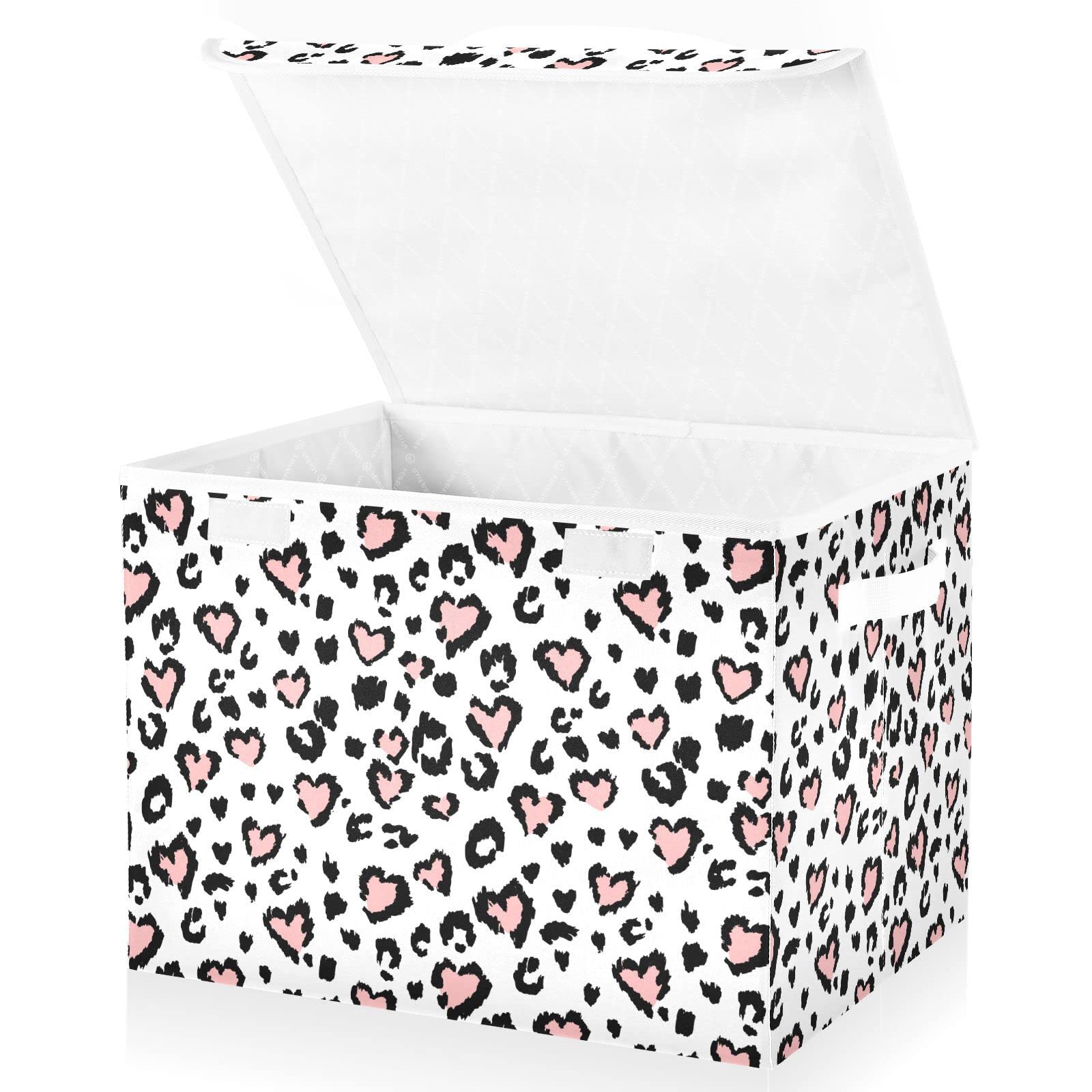 SUABO Leopard Print Pink Heart Storage Bin with Lid Large Oxford Cloth Storage Boxes Foldable Home Cube Baskets Closet Organizers for Nursery Bedroom Office