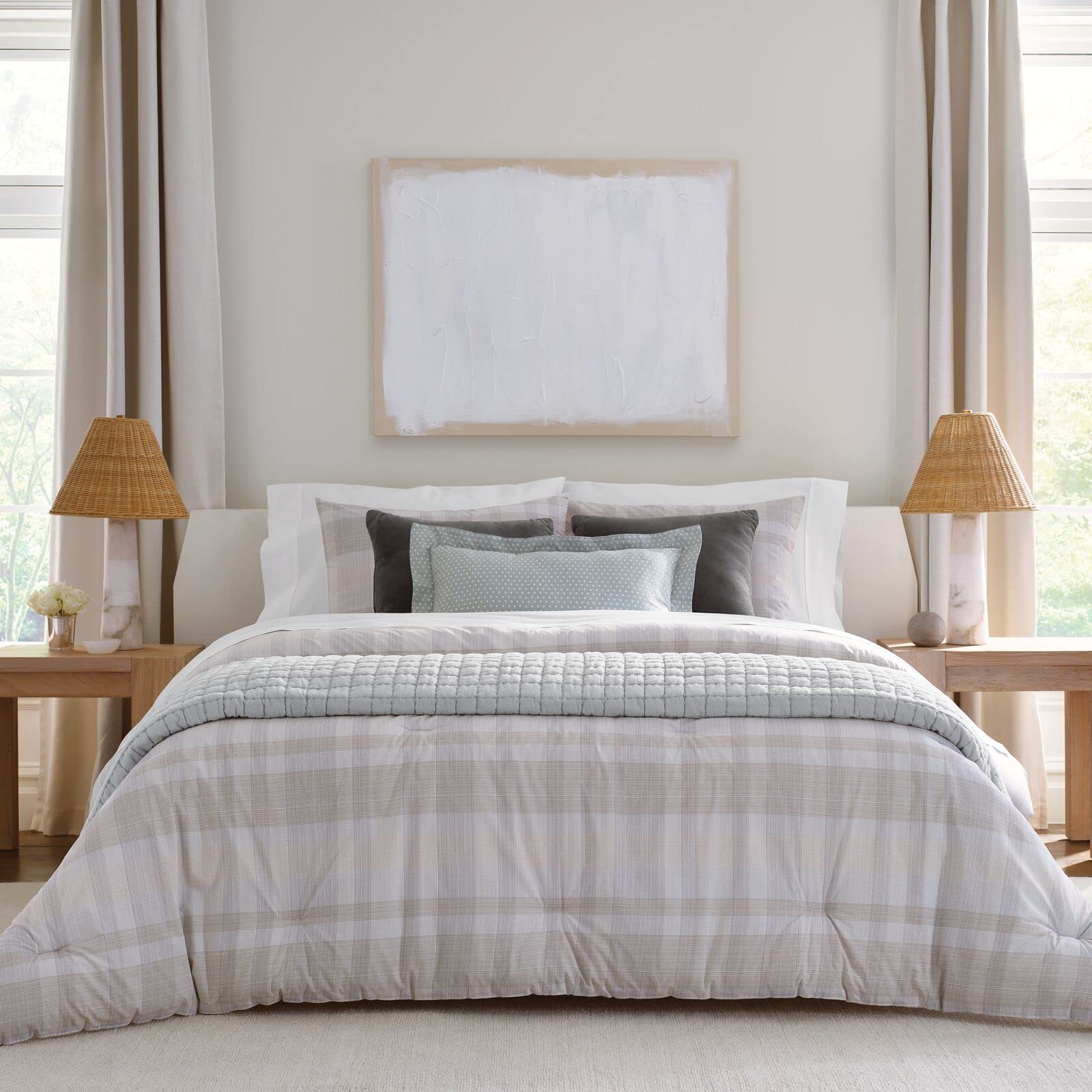 Nate Home by Nate Berkus 250TC Glen Plaid Duvet Cover Set | All-Season Cotton - Full/Queen Size - from mDesign - 3 Piece - Includes 1 Duvet Cover, 2 Pillow Shams, Pearl Multi (Cream/Beige)