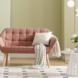 ZSARTS 48 inch Small Loveseat for Small Spaces, Upholstered High Wingback Chair Modern Linen Mini Sofa Couch 2-Seat Armchair with Wood Legs for Bedroom Living Room, Pink