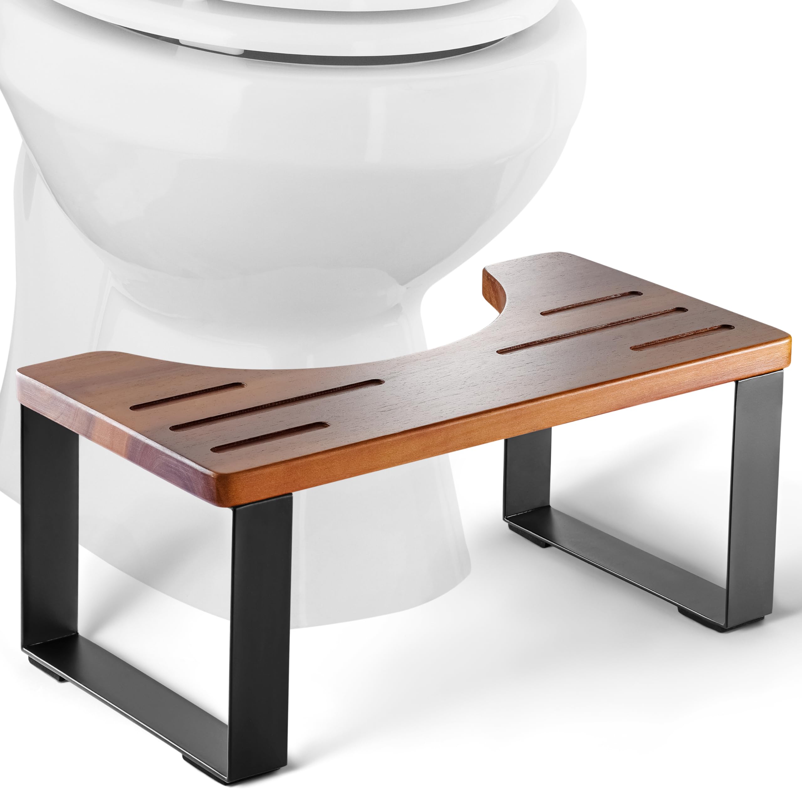 BLUEWEST Poop Stool, Acacia Wood Toilet Stool with Strong Steel Frame for Potty Training, 7 Inch Bathroom Stool, Durable/Sturdy Stool for Adults with Non-Slip