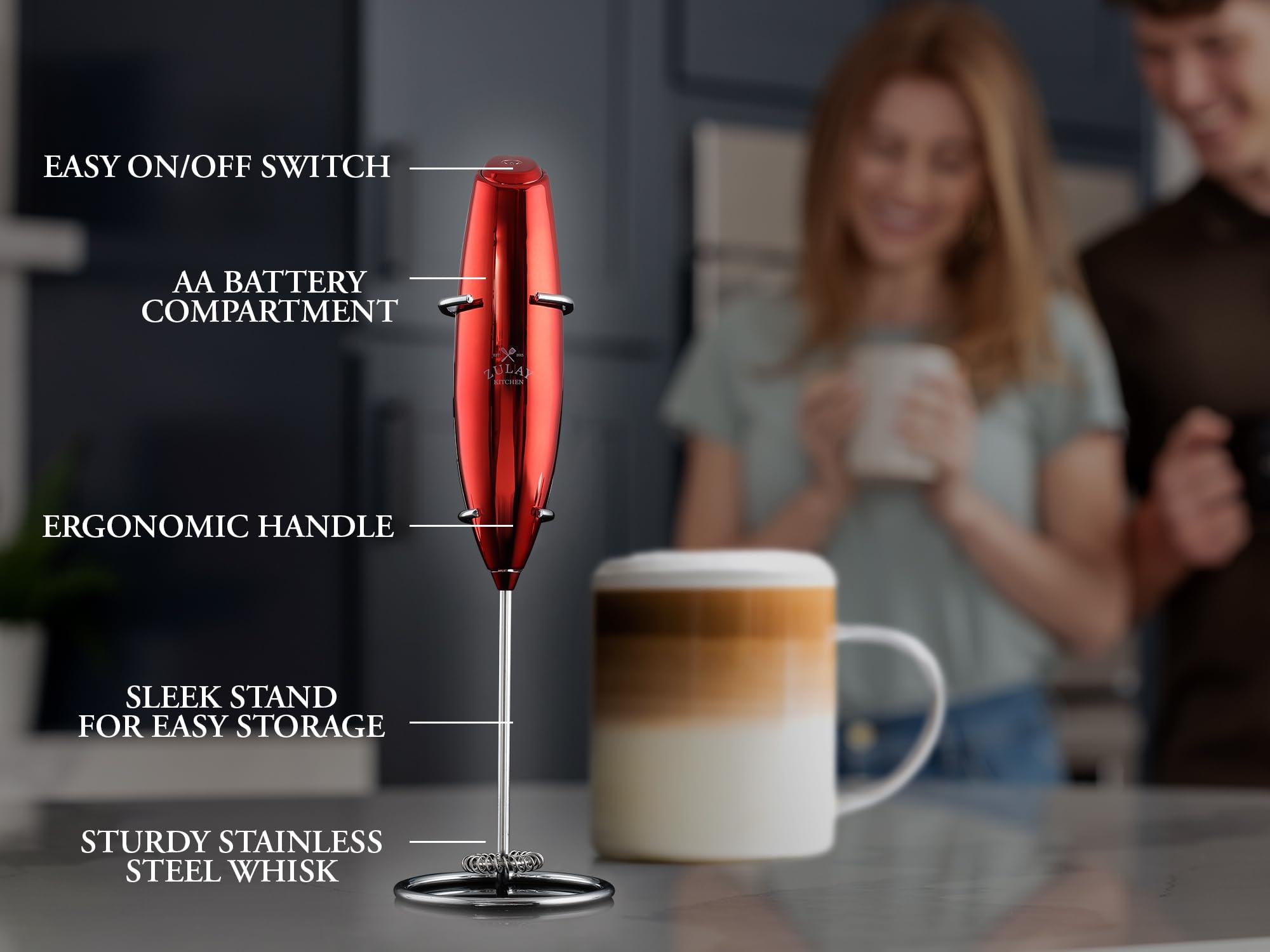 Zulay Executive Series Ultra Premium Gift Milk Frother For Coffee with Deluxe, Radiant Finish - Coffee Frother Handheld Foam Maker - Electric Milk Frother Handheld For Lattes Premium UV Red