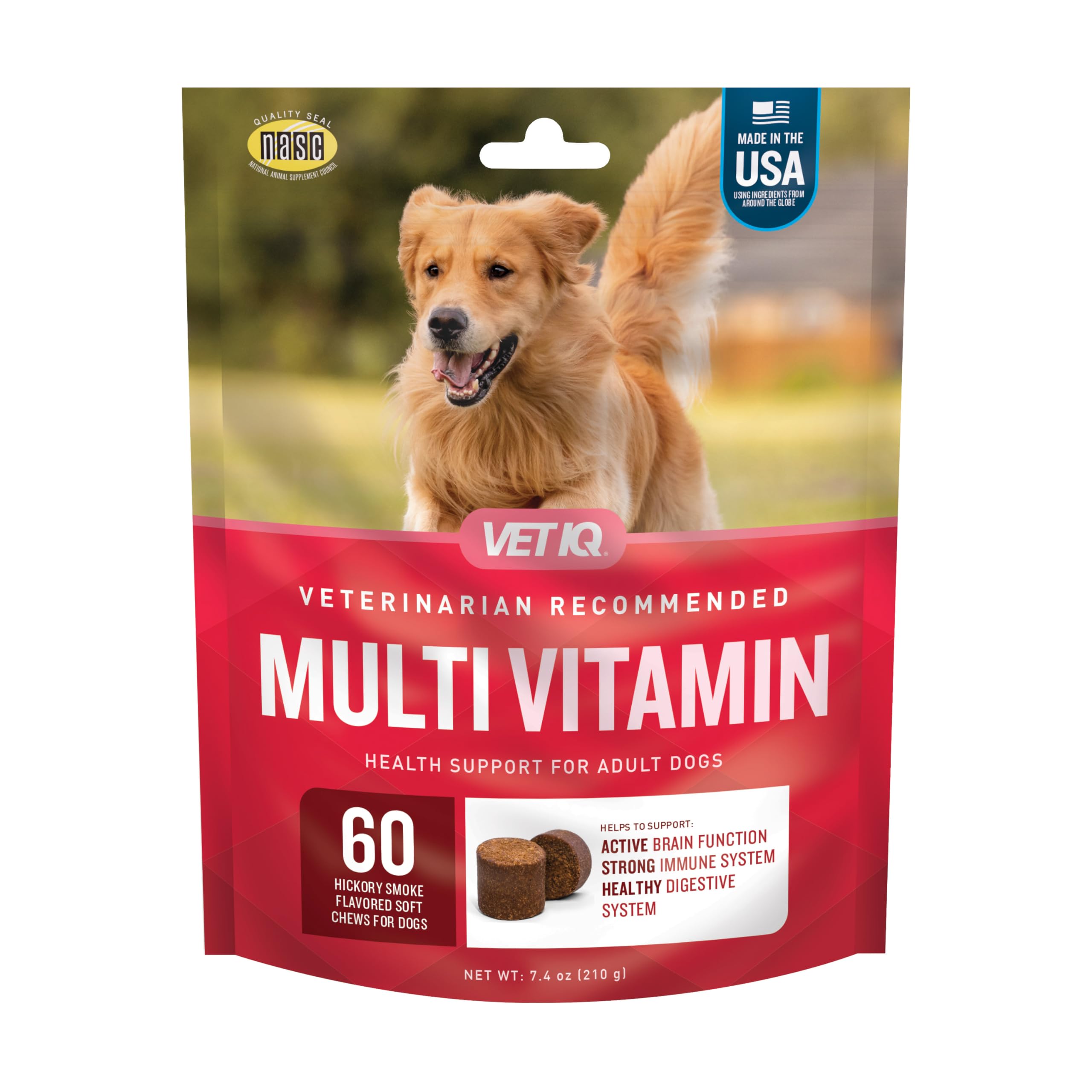 VetIQ Multivitamin Supplement for Dogs, Supports Active Brain Function, Immune System, and Digestive System, Hickory Smoke Flavored Dog Multivitamin, Made in The USA, 60 Count