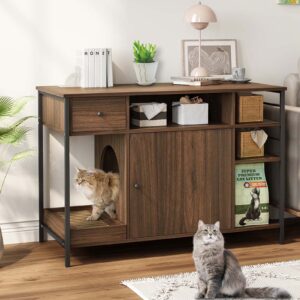 lovinouse 6 in 1 cat litter box enclosure furniture with litter catcher, wooden cat washroom with drawer and shelves, hidden litter box cat cabinet, side table for living room, bedroom