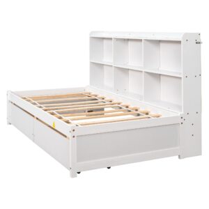 Twin Bed with Storage Bookcase and Drawers Wood Platform Bed with Sideboard Twin Size Daybed Frame for Youths Teens Boys Girls Kids, White