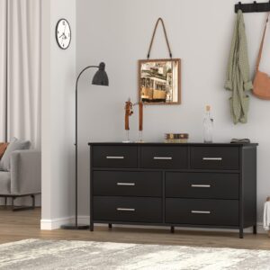 IKENO 7 Drawer Dresser, Industrial Wood Storage Dressers & Chests of Drawers with Sturdy Steel Frame, Storage Dresser for Bedroom Wood