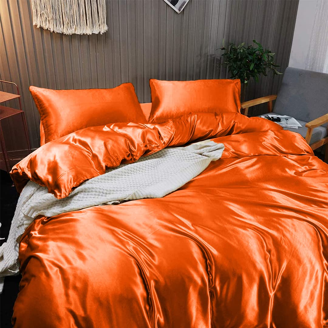 Rico Bedding 7 Pc Silk Satin Sheets| Silk Satin Duvet Cover| Silk Flat Sheet & Deep Pocket Fitted Sheet Set| Silky Smooth Pillowcases| Comfy & Luxurious Sheets Set|(Orange/California King)