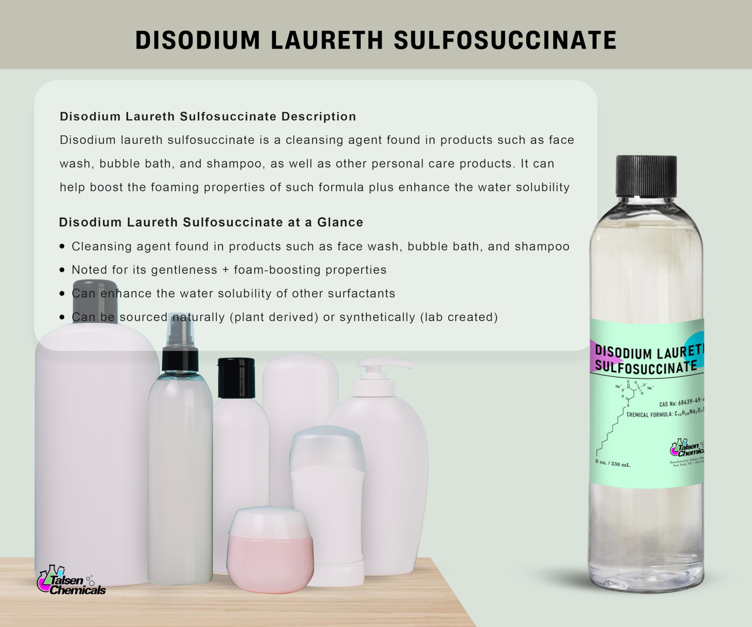 Talsen Chemicals Disodium Laureth Sulfosuccinate Liquid DLSS Soothing and Gentle Cleanser, Biodegradable Surfactant has Lathering and Emulsifying Properties, Good Foaming Agent (8 Ounce / 236 mL)