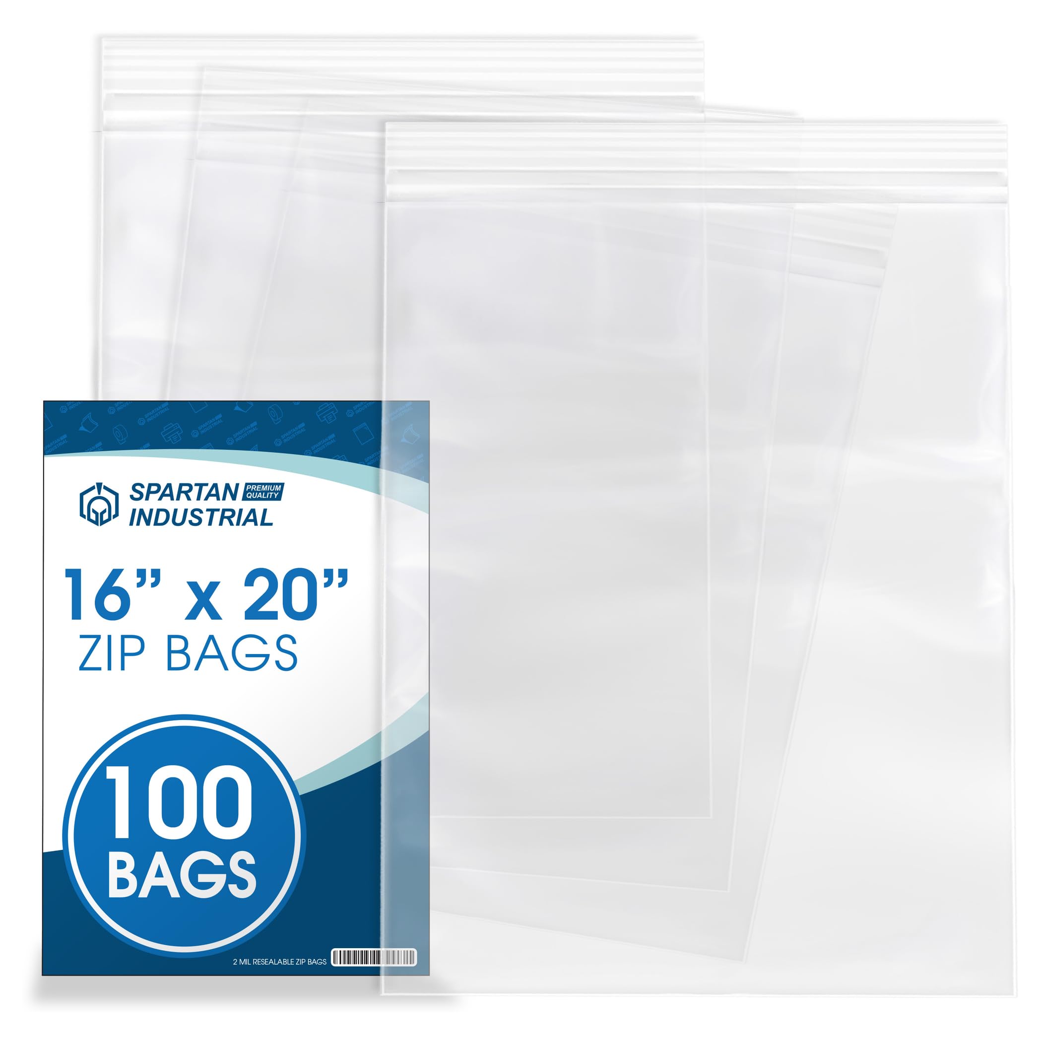 Spartan Industrial - 16” X 20” (100 Count) 2 Mil Clear Reclosable Zip Plastic Poly Bags with Resealable Lock Seal Zipper