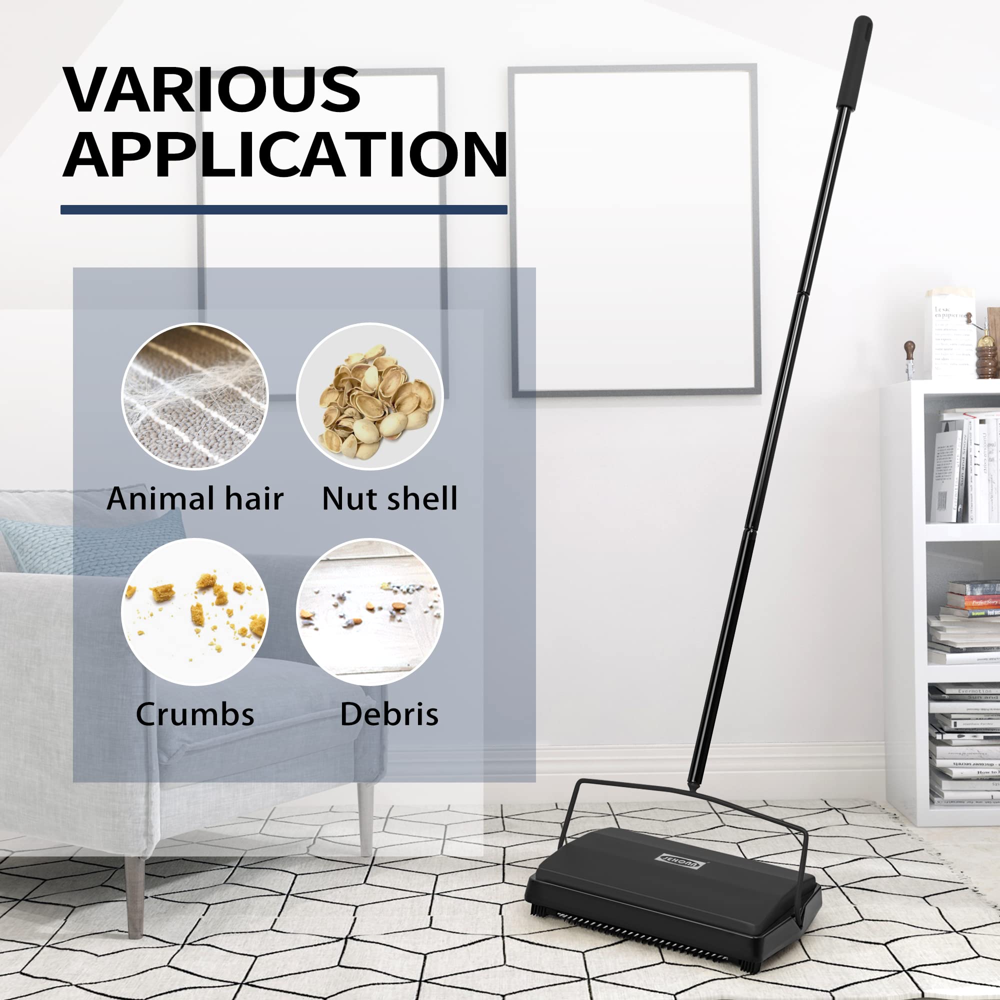 JEHONN Carpet Floor Sweeper Manual with Horsehair, Tub Tile Scrub Brush 3 in 1 Shower Brush