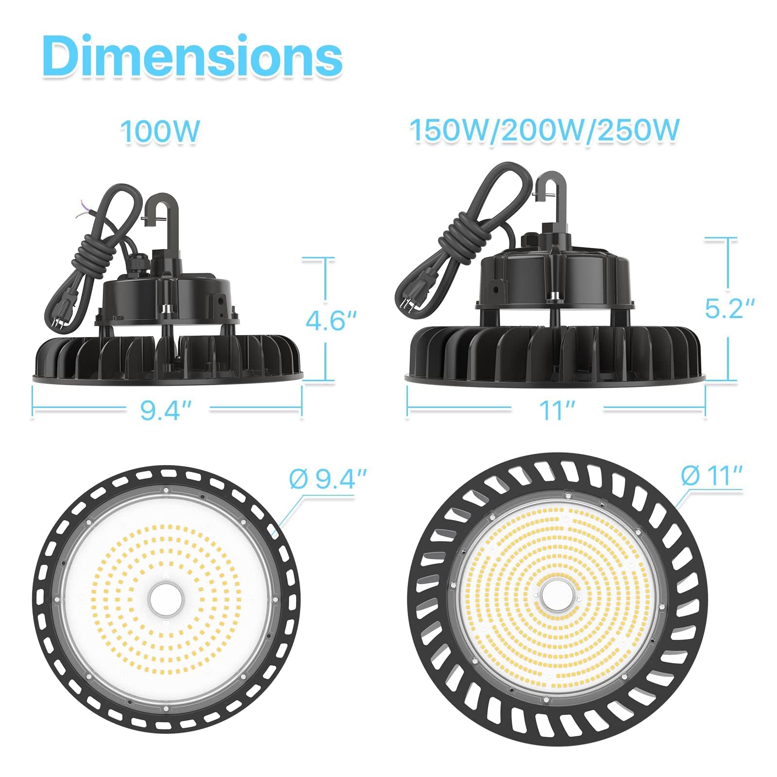 HYPERLITE 6 Packs Led High Bay Light 150W 21,000lm 5000K 1-10V Dimmable UL Listed US Hook 5' Cable Alternative to 650W MH/HPS for Gym Factory Warehouse