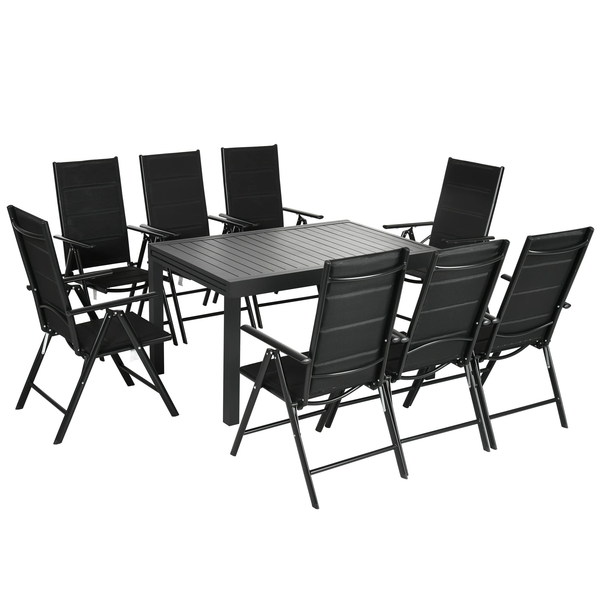 Outsunny 9-Piece Patio Dining Set for 8, Outdoor Aluminum Frames Dining Furniture Set with Expandable Table, Adjustable High Back Portable Chairs and Mesh Fabric Seats, Black