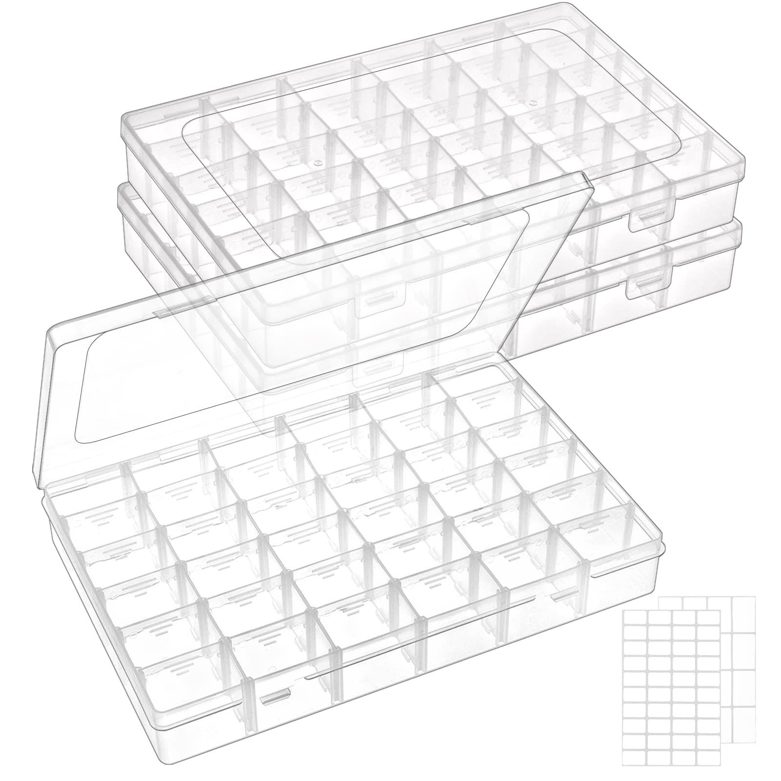 QUEFE 3 Pack 36 Grids Clear Plastic Organizer Storage Box Container, Craft Storage with Adjustable Dividers for Beads, Art DIY, Crafts, Jewelry, Fishing Tackle with Label Stickers