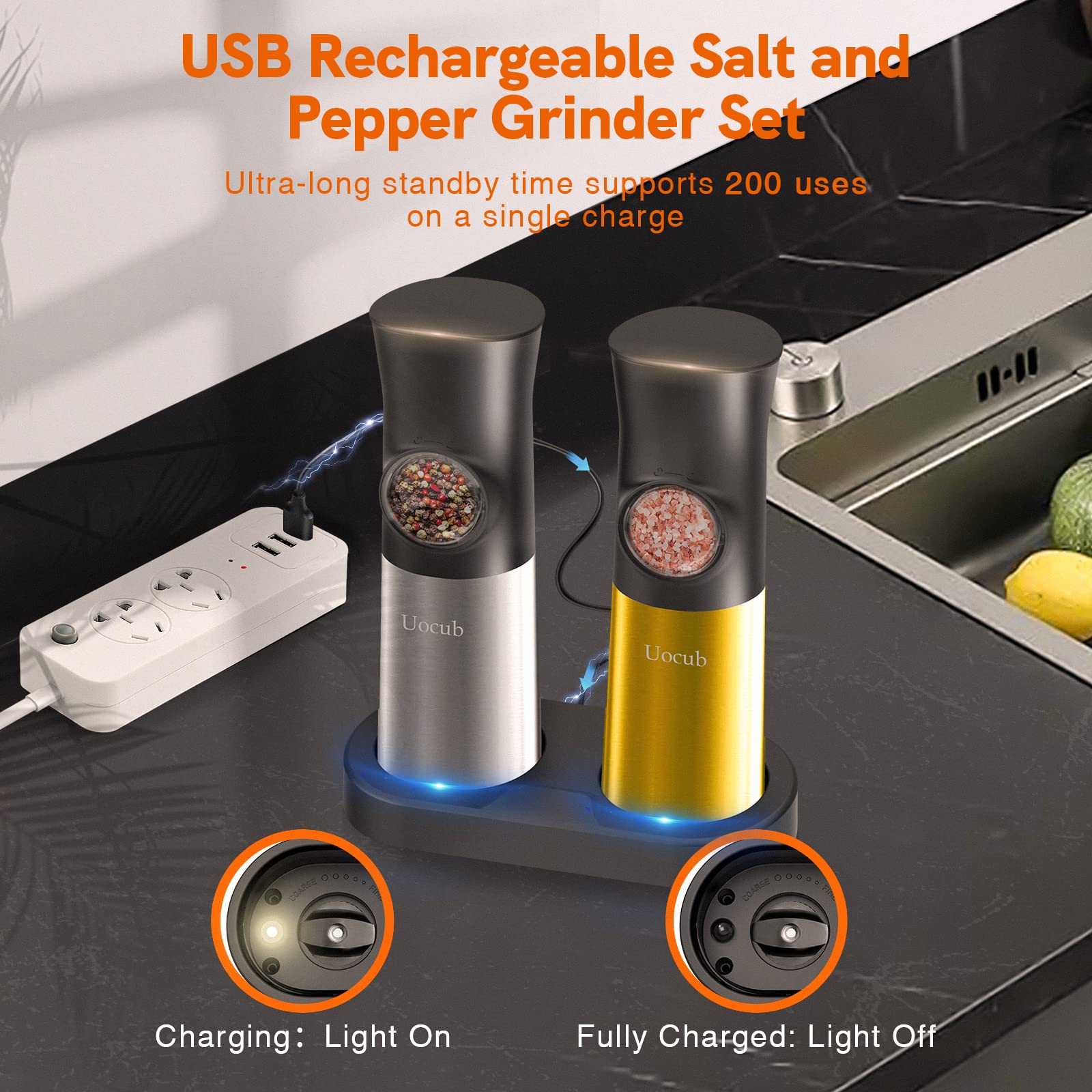 Gravity Electric Salt and Pepper Grinder Set - USB Rechargeable，Automatic Salt Pepper Mill with 5 Adjustable Coarseness, Ceramic Grinder with Bottom Cap, White LED Lights